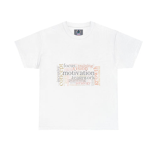 White motivational word cloud T-shirt with positive teamwork design